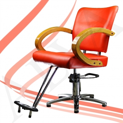 Alva Beauty styling chair barber salon spa hydraulic chrome base arm rest black beige wood foot rest thick cushion comfortable wide